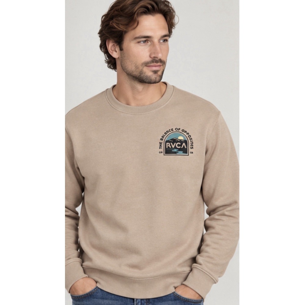 RVCA Oliver Crew Sweatshirt Men's M Tan Balance of Opposites Graphic NWT